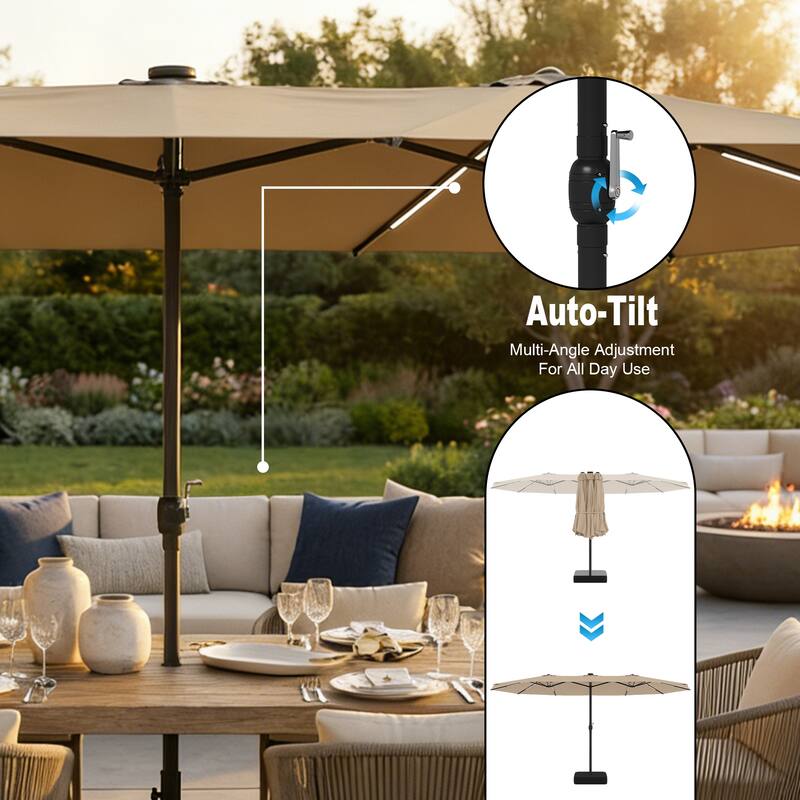 15FT Solar LED Double-Sided Patio Umbrella with Base, 12 Light Strips, 2000mAh