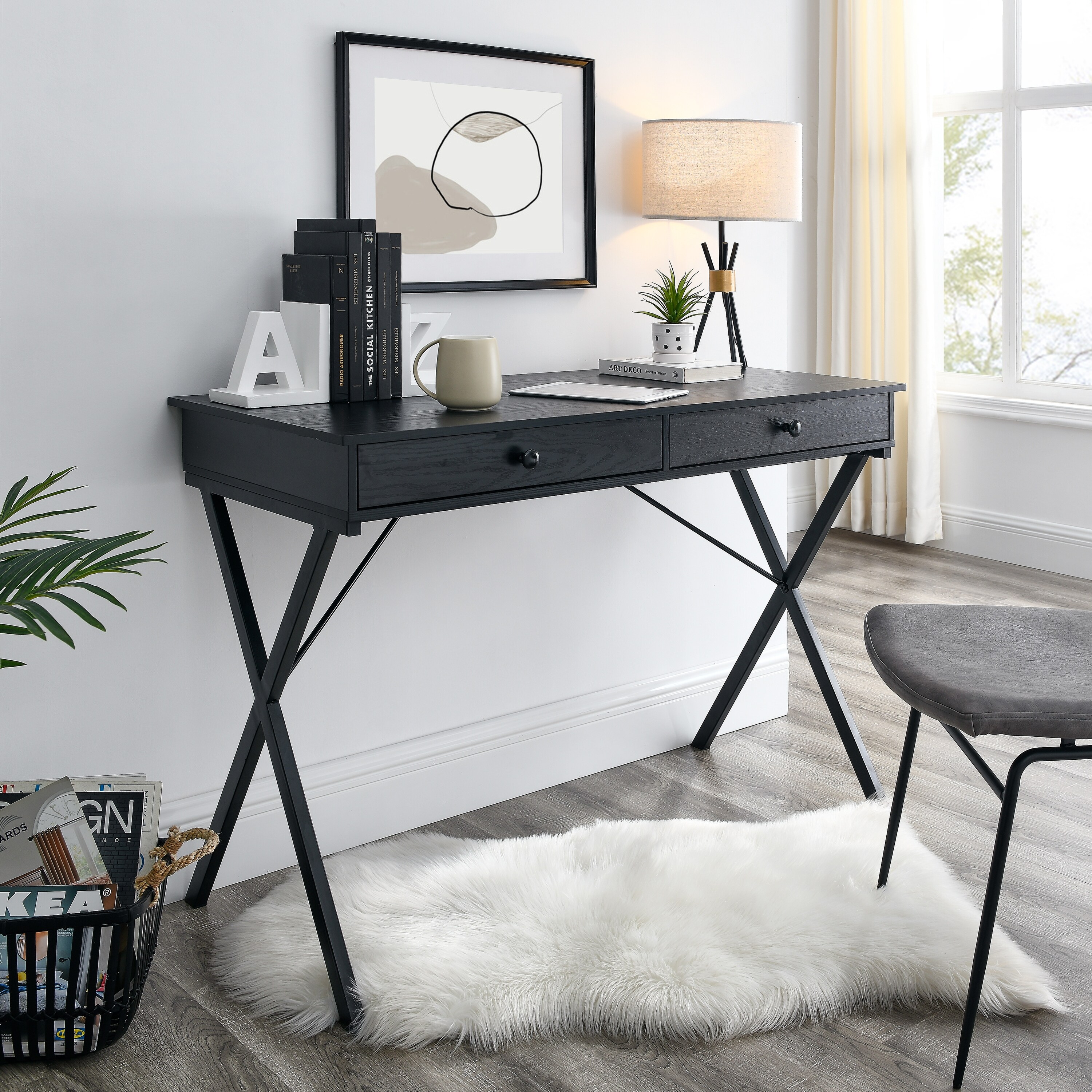 Black desk cheap with side drawers