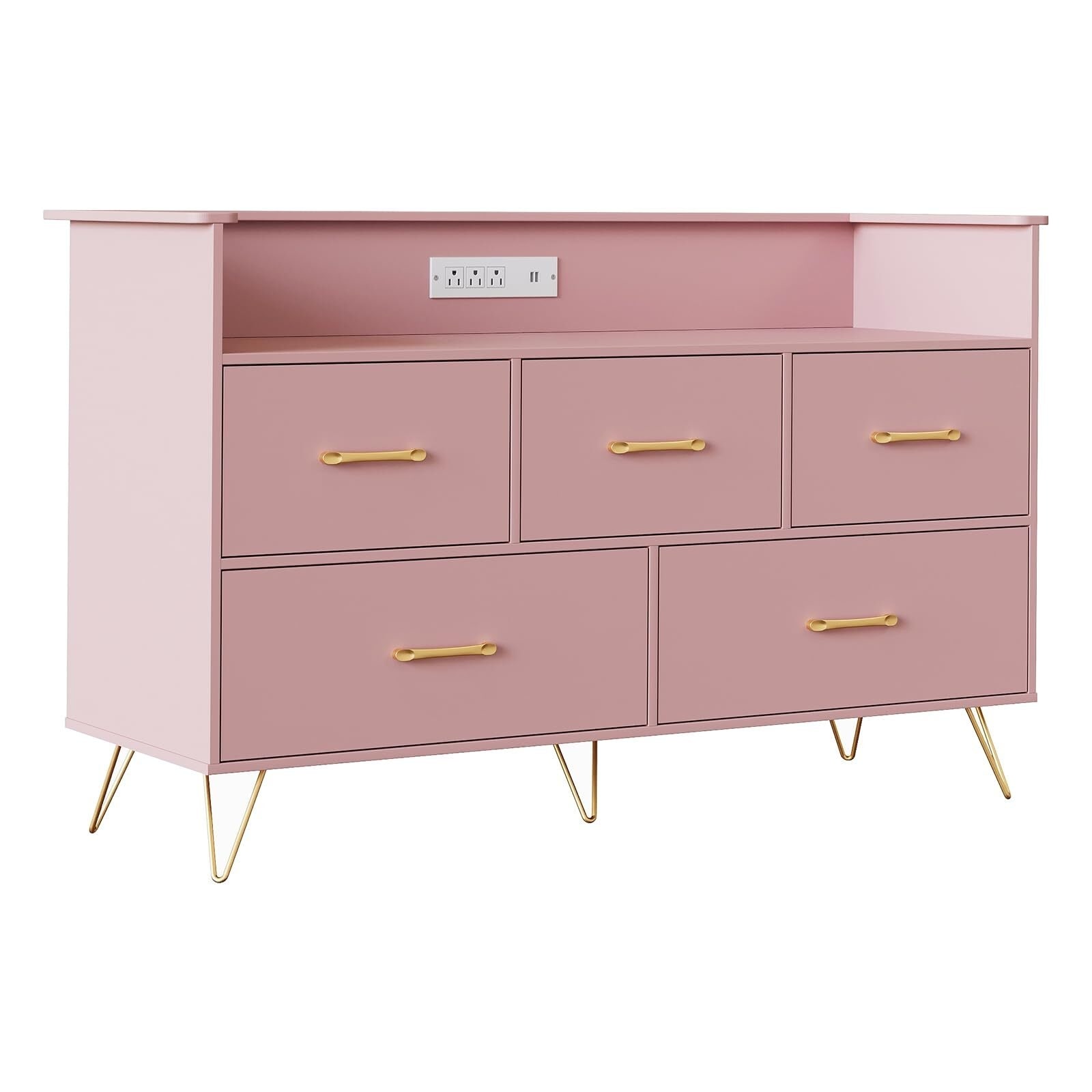 Modern Dresser for Bedroom, 47" Wide Wooden Dresser Storage Cabinet with LED Lights & Charging Station
