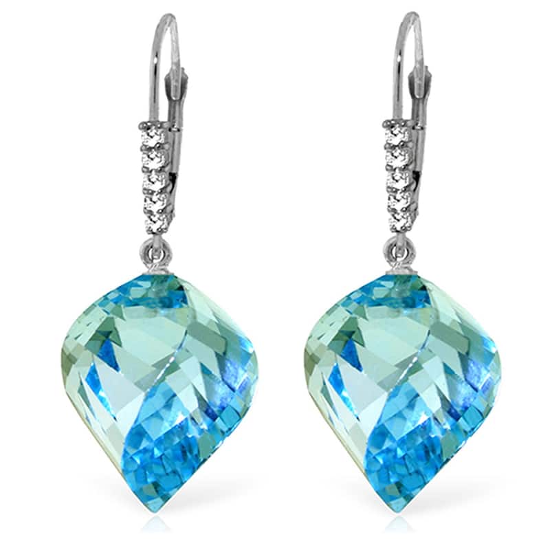 28 Carat 14K Solid Gold Earrings Diamond Briolette Blue Topaz - White