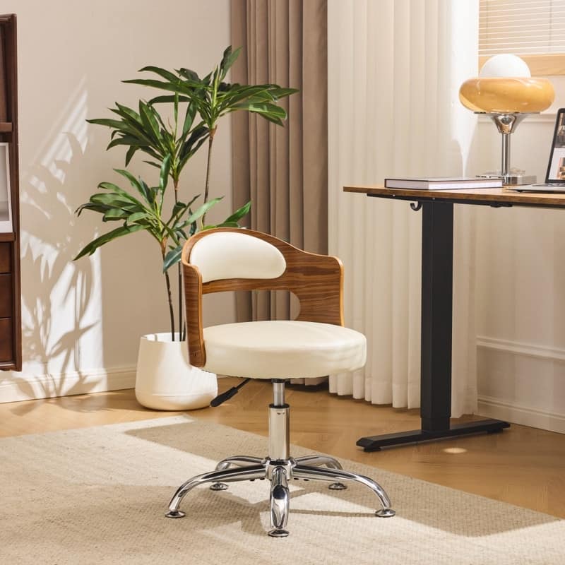 Ring-Shaped Wooden Back Office Chair With Foot Spikes And Wheels - Ivory