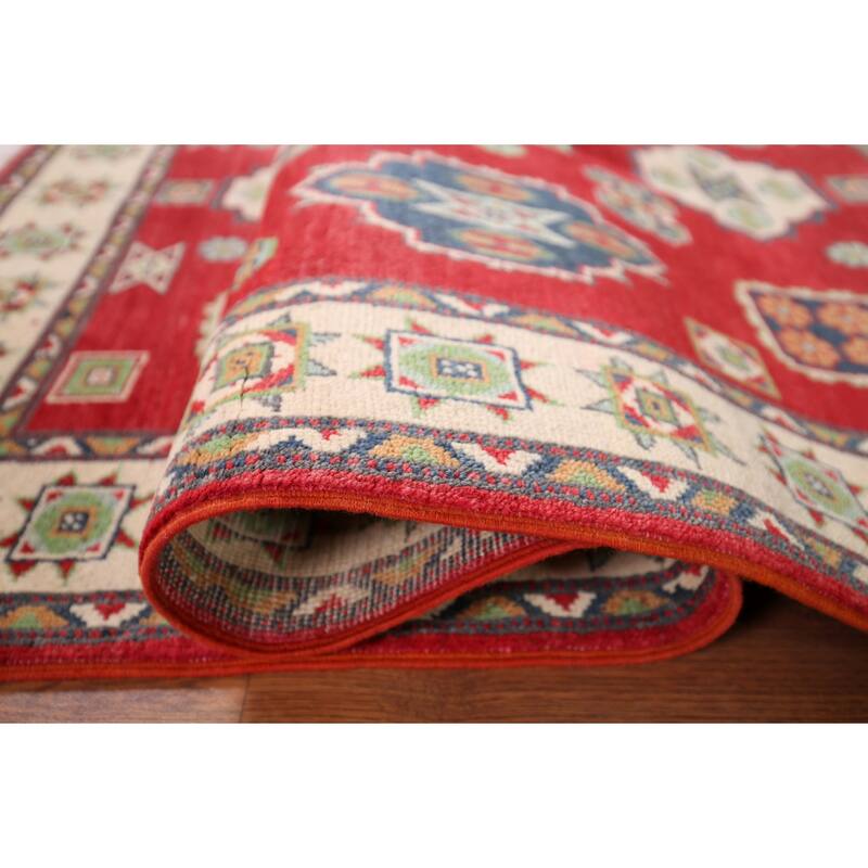 Geometric Red Kazak Accent Rug Hand-Knotted Bedroom Wool Carpet - 3'10" x 5'10"