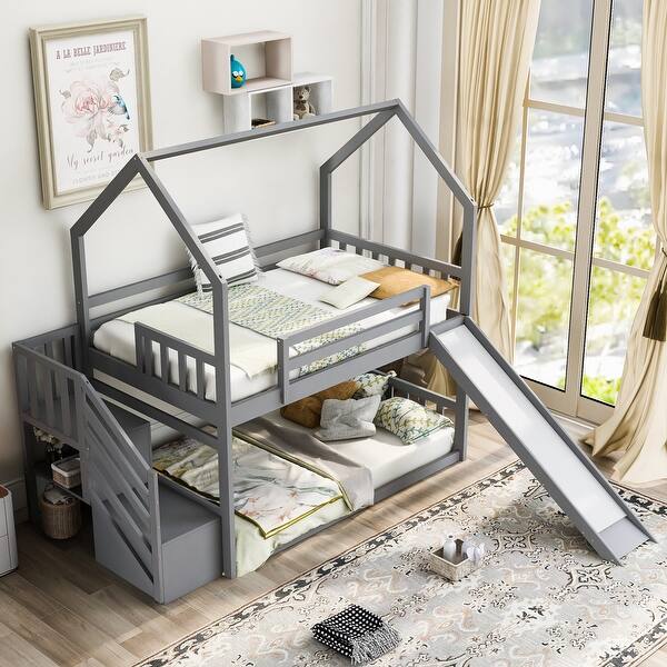 slide 2 of 30, Twin over Twin House Bunk Bed with Convertible Slide and Storage Staircase, Grey - Safe, Fun, and Space-Saving Design Grey