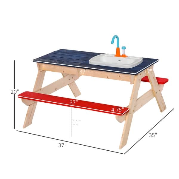 Outsunny Kids Picnic Table Set with Wooden Bench & Sandbox Kitchen Toys Faucet Water Pump 37" x 35" x 20" - 37" x 35" x 20"