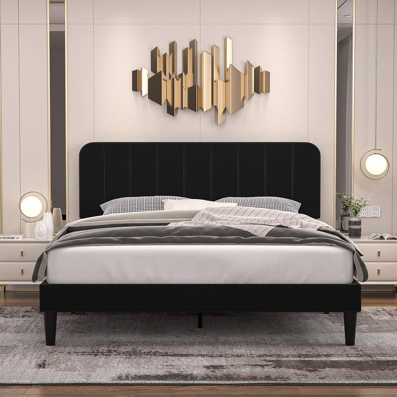 Javlergo Upholstered Bed Frames with Height-adjustable Headboard - Black - Queen