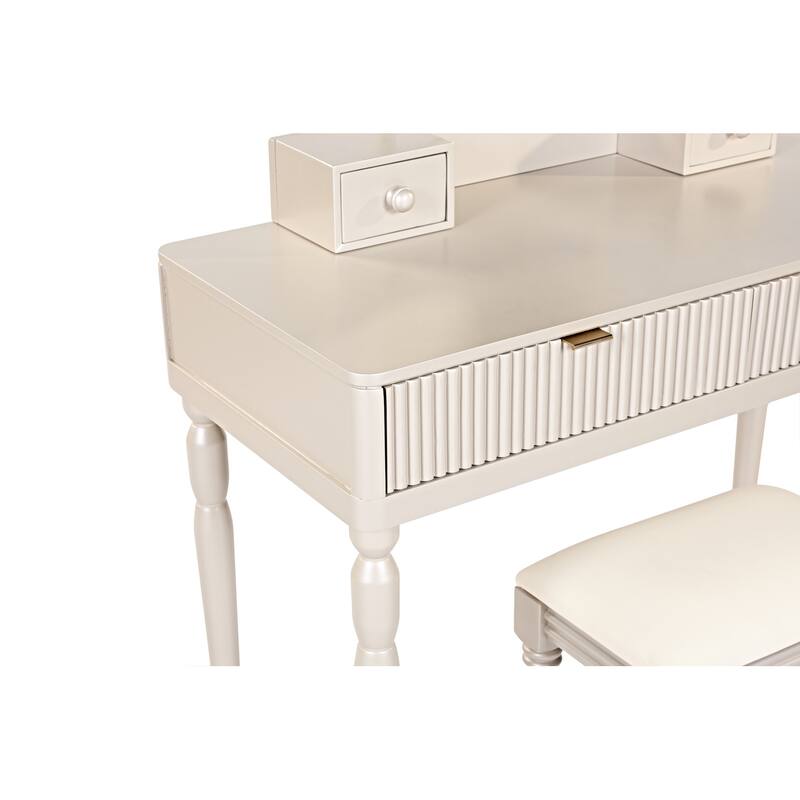 Vanity Desk with Adjustable Round Mirror, Wooden Dressing Table Set, Makeup Vanity Table with 4 Drawers & Cushioned Stool