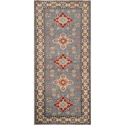 Geometric Kazak Runner Rug Hand-Knotted Floral Wool Carpet - 2'2" x 5'9"