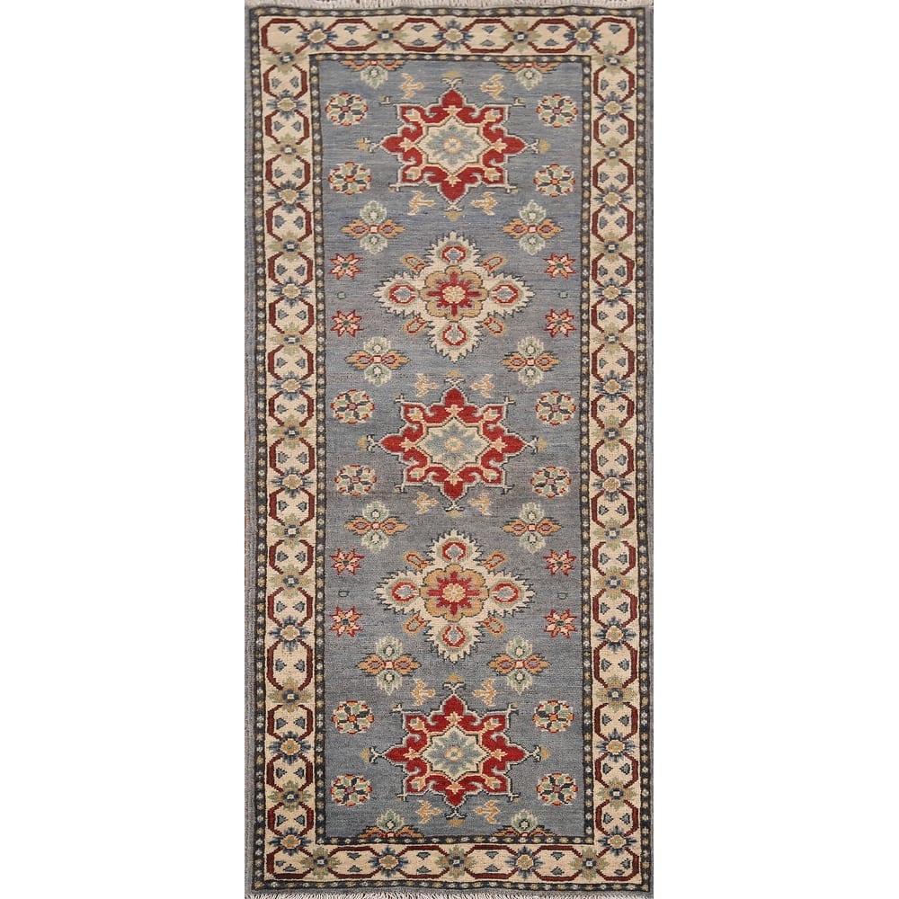 Geometric Kazak Runner Rug Hand-Knotted Floral Wool Carpet - 2'2" x 5'9"