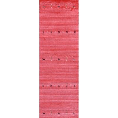 Hand Knotted Oriental 100% Wool Carpet Tribal Animal Pictorial Red Gabbeh Runner Rug - 10' 0'' X 2' 7''