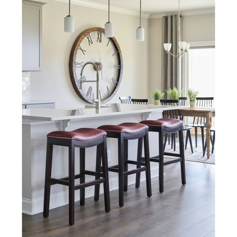 Linen Saddle Seat Bar Stool with Nail Head Trim and Footrest
