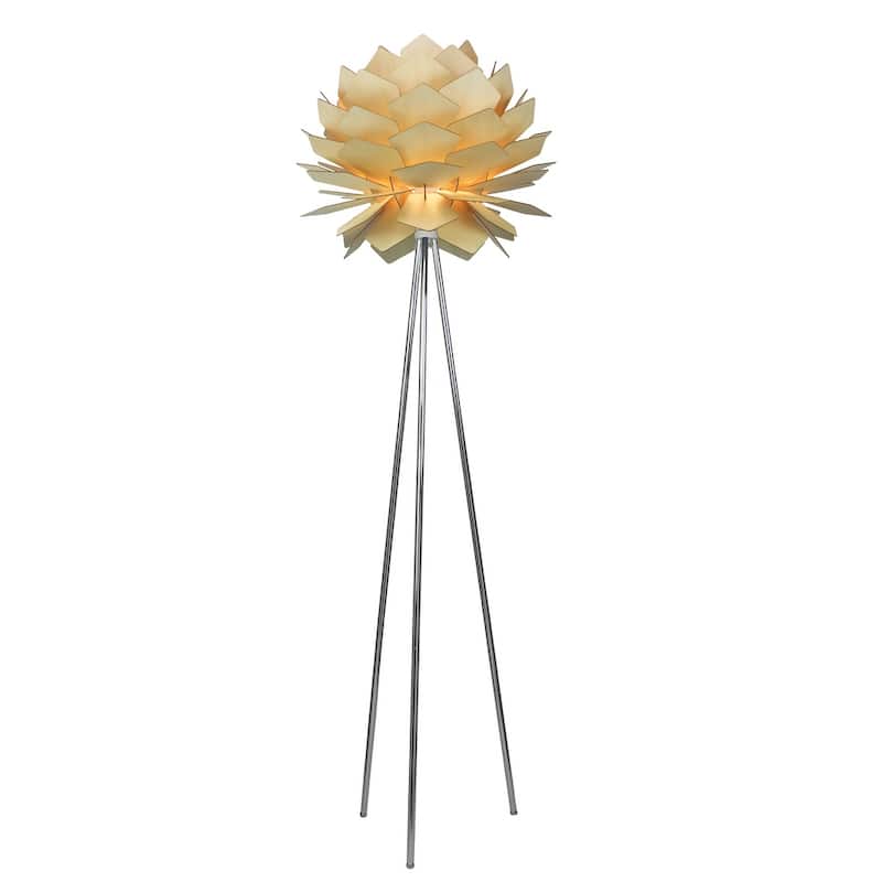 1 Light Chrome Metal Base Floor Lamp With Wood Shade