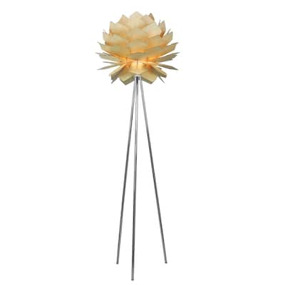 Chrome Metal Base Floor Lamp With Wood Shade