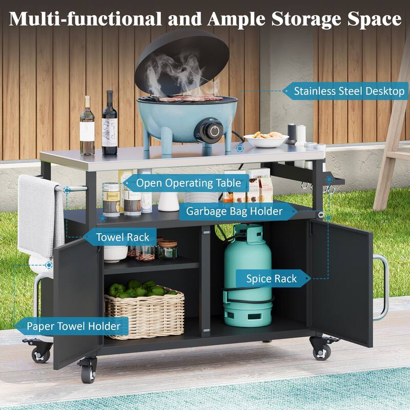 Metal Kitchen Island with Stainless Steel Tabletop, Rolling Spice Storage Cabinet w/Towel Rack and 4 Lockable Wheels for Kitchen