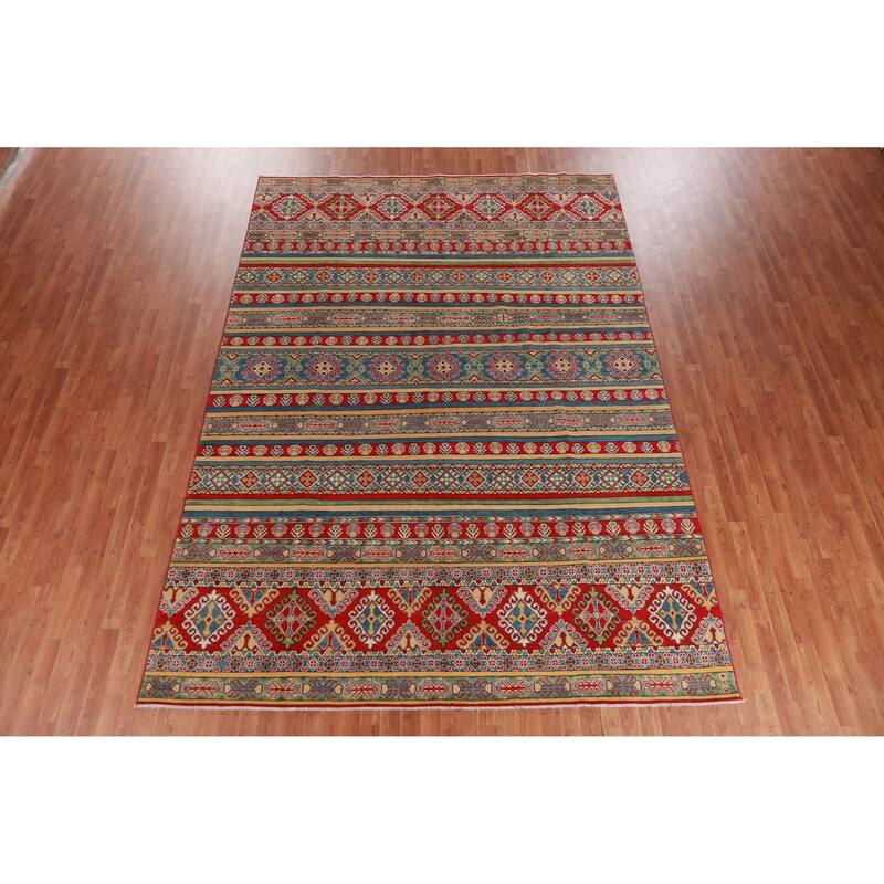 Hand Knotted Oriental 100% Wool Carpet Traditional Geometric Multi-Colored Kazak Area Rug - 11' 9'' X 8' 3''