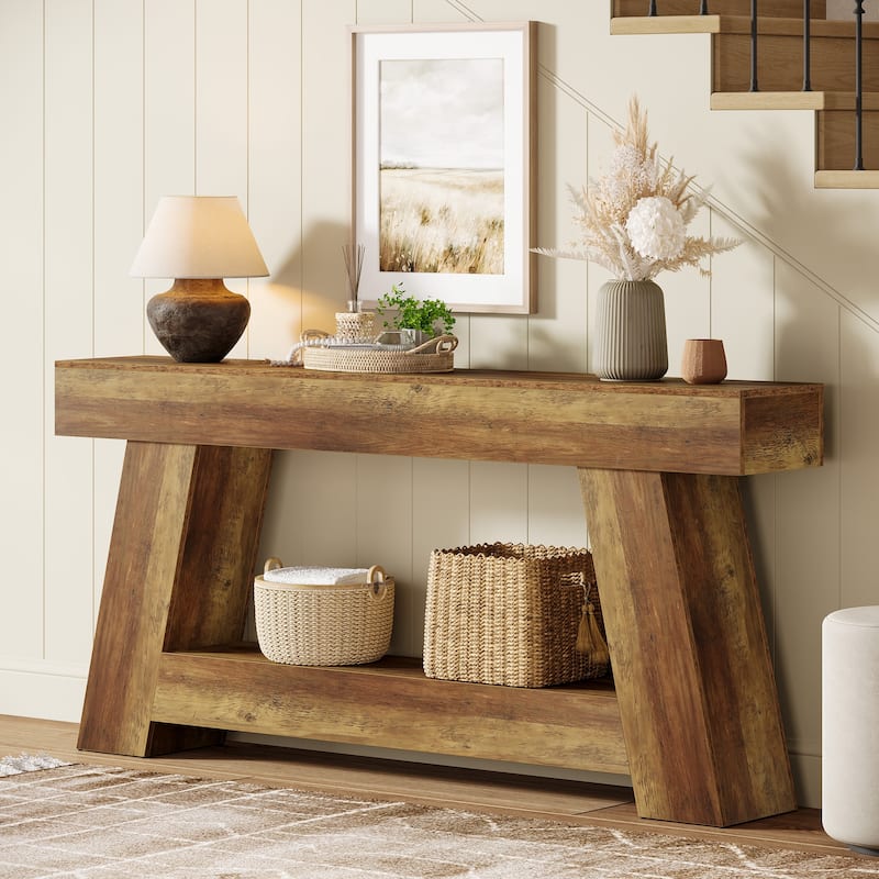 Industrial Rectangular Wooden 2-Tier Console Table for Extra Storage
