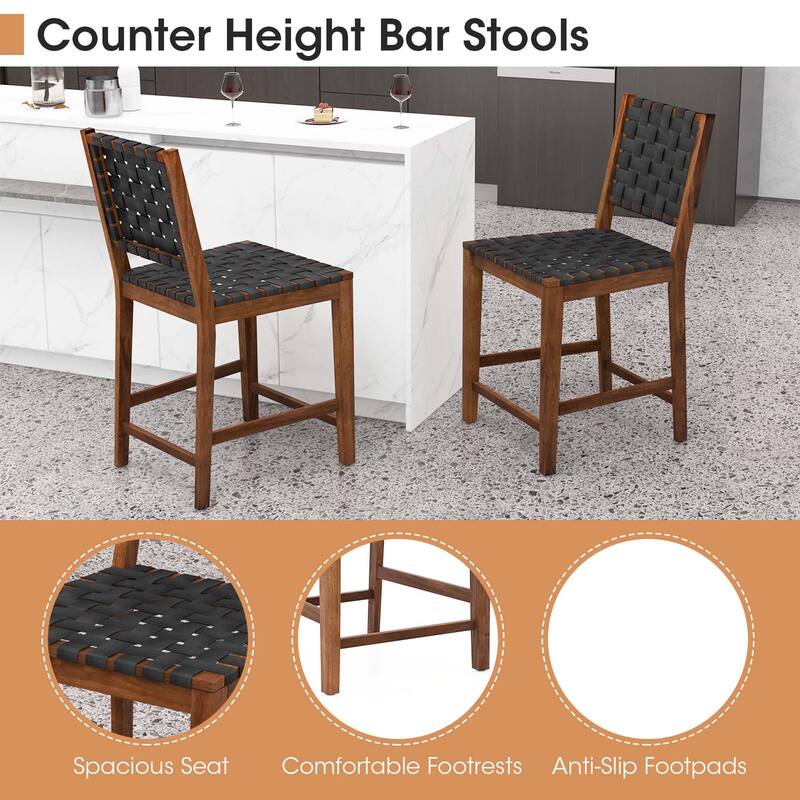 2 PCS Woven Bar Stools Counter Height Dining Chairs Faux PU Leather