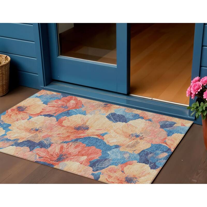 HomeRoots Floral Transitional Rectangle Outdoor Rug - Peach/Blue - 3' x 5'