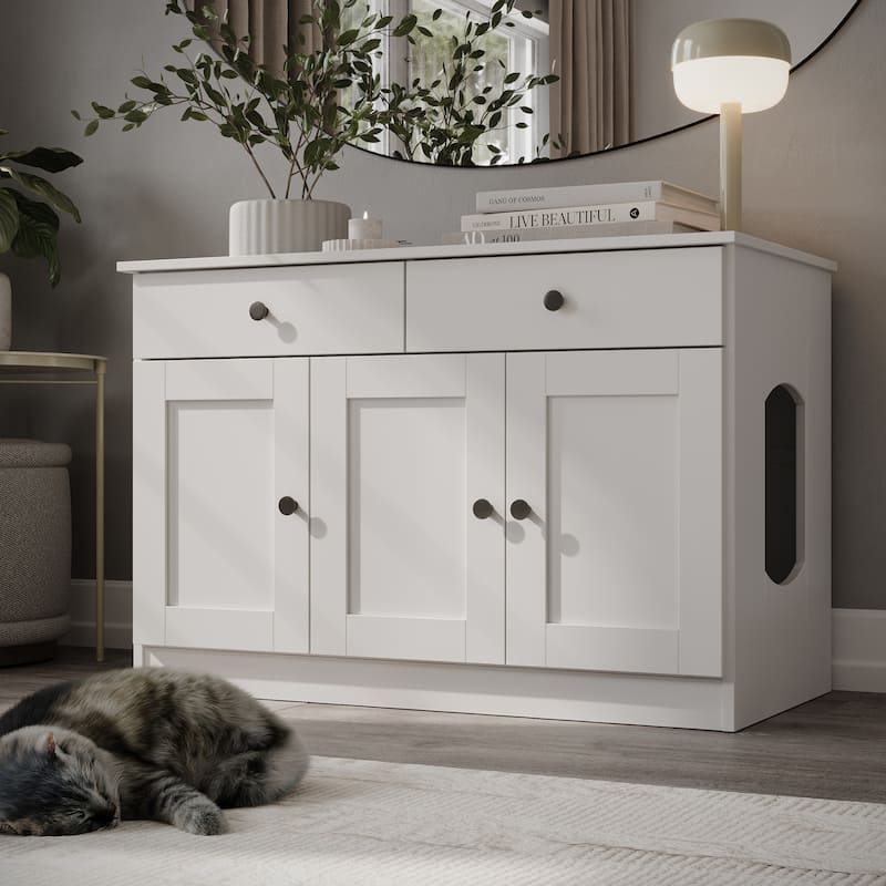 Palace Imports 100% Solid Wood Ziva 3-Door Cat Litter Box Enclosure with 2-Drawers - White