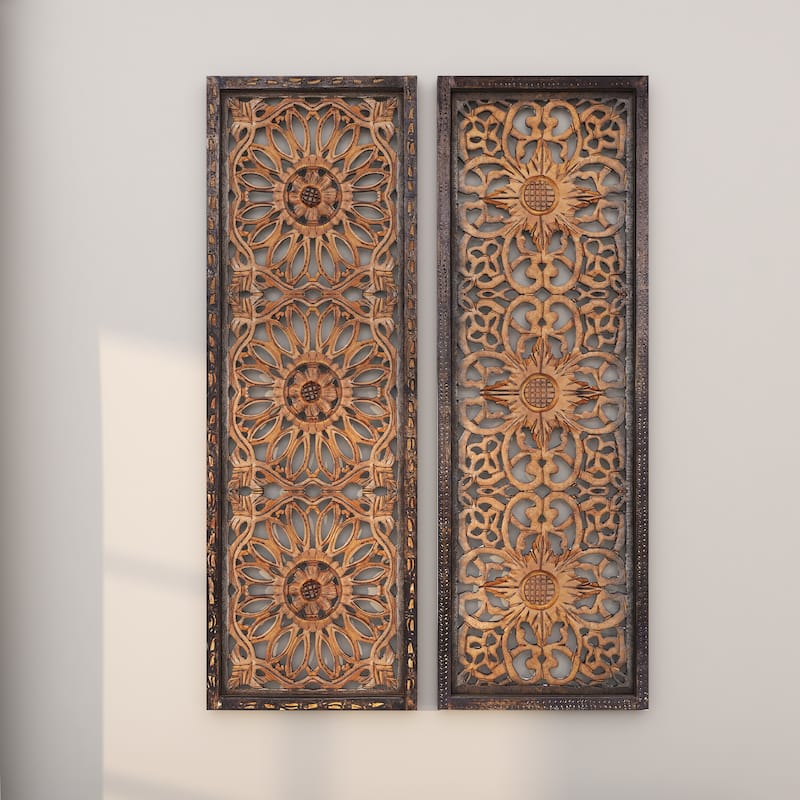 Wood Floral Handmade Intricately Carved Home Wall Decor - Set of 2 Brown - Roche River Decor