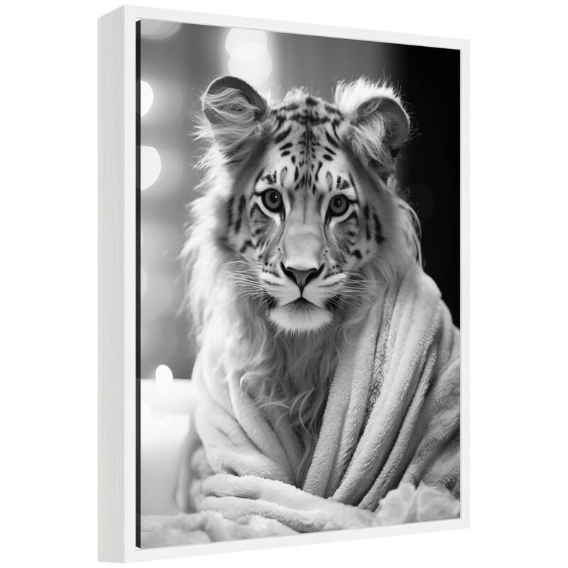 Kate and Laurel Sylvie Tiger Glam Bathroom Towel Robe Black and White Framed Canvas by The Creative Bunch Studio - 18x24 - White