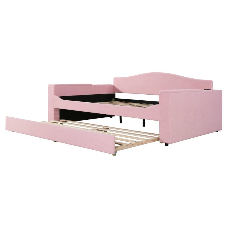 Upholstered Daybed with Storage Armrests, Trundle and Latest Integrated Bluetooth Audio System