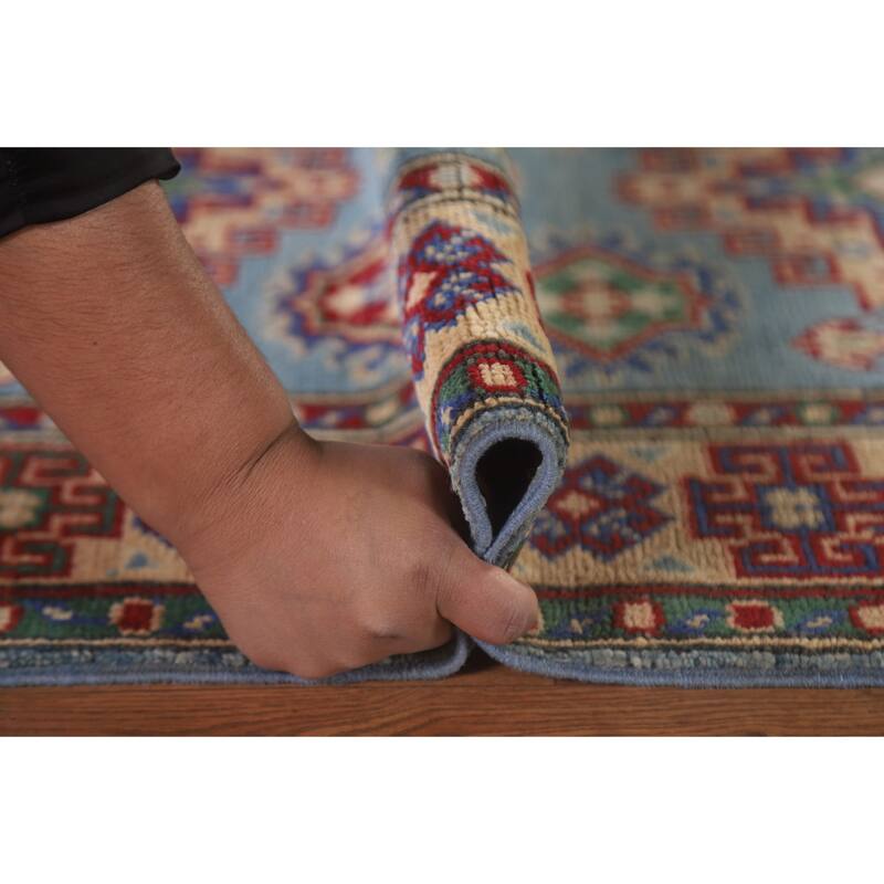 Hand Knotted Oriental 100% Wool Carpet Traditional Geometric Navy Blue & Blues Kazak Area Rug - 6' 4'' X 2' 9''