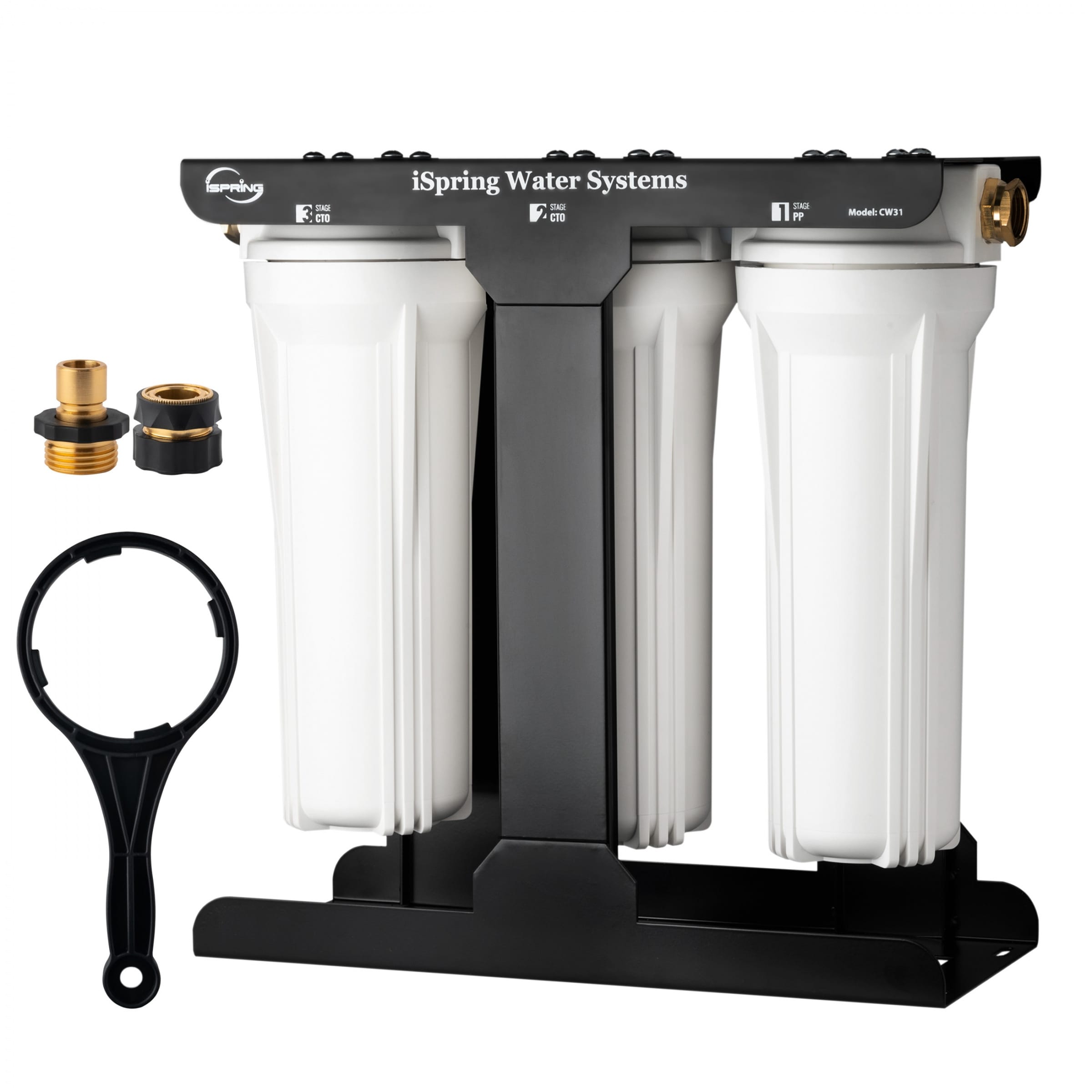 iSpring WGB32BM 3-Stage Whole House Water Filtration System w/ Iron & Manganese Reducing Filter w/ Push-Fit Stainless Steel Hose