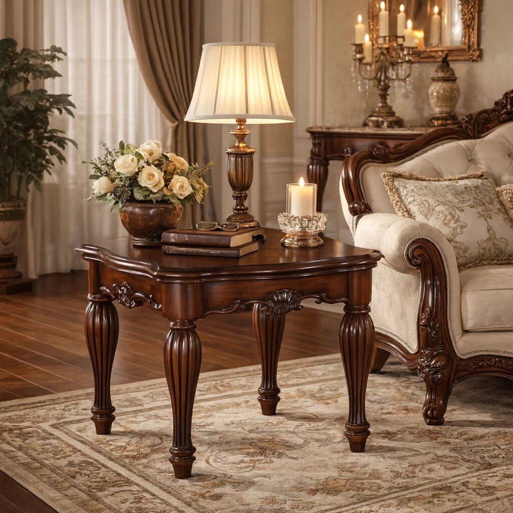 Wooden End Table with Carved Details, Cherry Brown