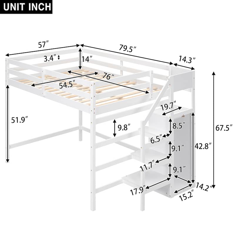 Full Size Loft Bed with Built-in Storage Wardrobe and Staircase, Solid Wood Space-Saving Loft Frame