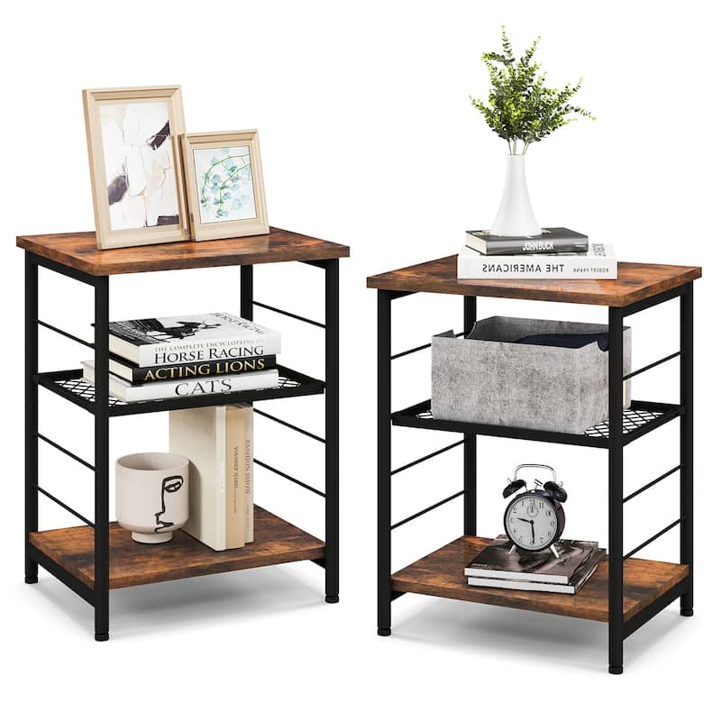 Costway 2 PCS 3-Tier Side End Table with Adjustable Mesh Shelf Narrow - 15'' x 12'' x 20'' (Lx Wx H) - Rustic Brown - 15'' x 12'' x 20'' (Lx Wx H)