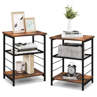 Costway 2 PCS 3-Tier Side End Table with Adjustable Mesh Shelf Narrow - 15'' x 12'' x 20'' (Lx Wx H)