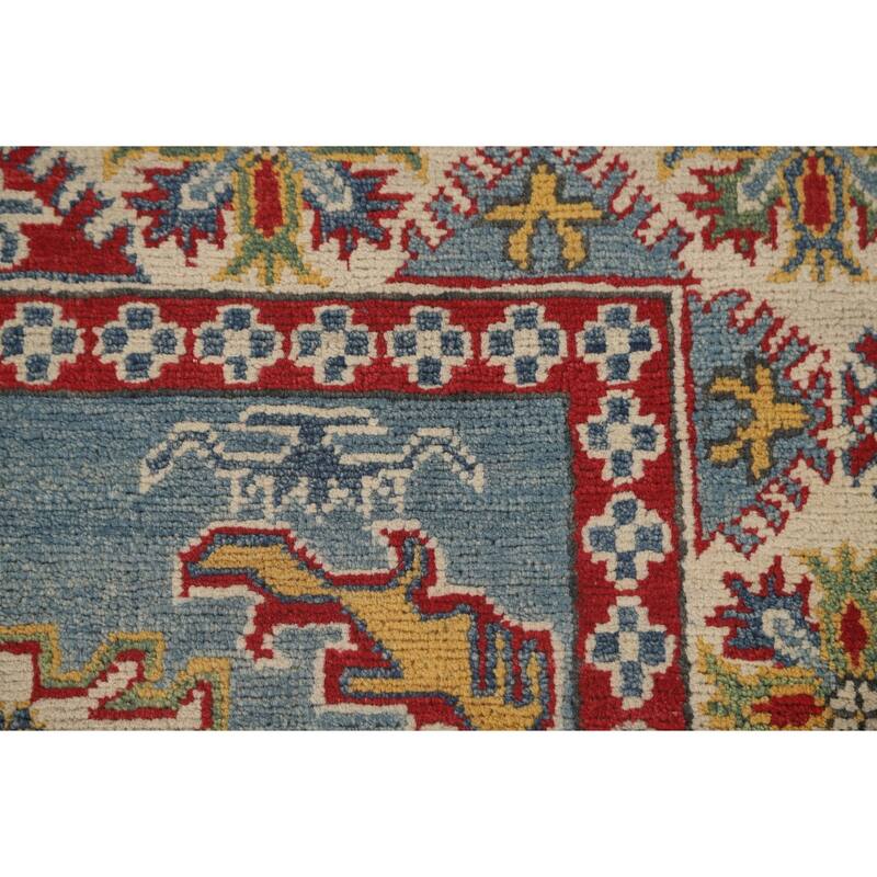 Light Blue Geometric Kazak Area Rug Hand-Knotted Wool Carpet - 4'10" x 6'7"