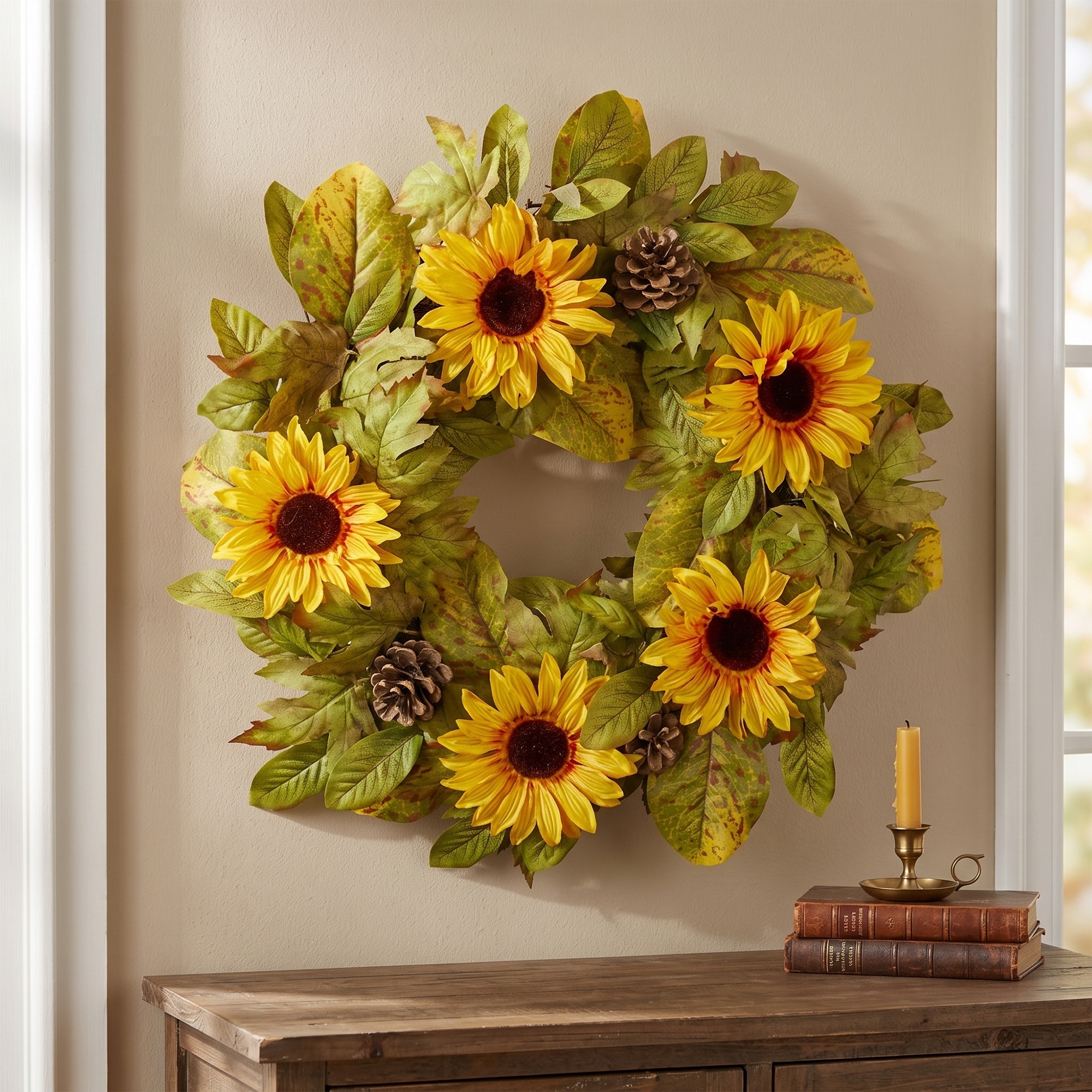 Yellow Sunflower Pine Cone Artificial Fall Harvest Wreath 24 inch