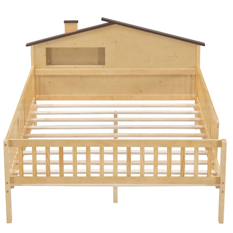 Full Size Wood Platform Bed with House-shaped Headboard, LED and Built-in Storage