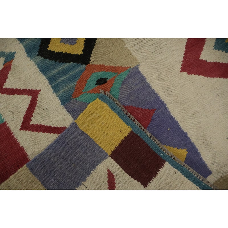 Hand Woven Oriental 100% Wool Carpet Southwestern Modern Beige & Ivories Kilim Area Rug - 12' 0'' X 5' 1''