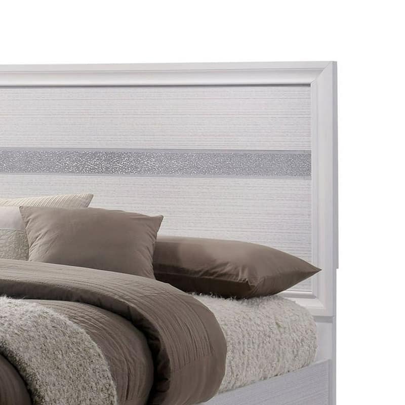 Cevy Full Size Bed, Footboard Drawers, White Wood w Glitter Accents