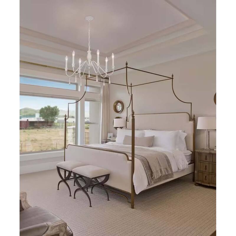 Alsy 26"W 6-Light Distressed-White Beaded Modern Farmhouse Cottage Chandelier
