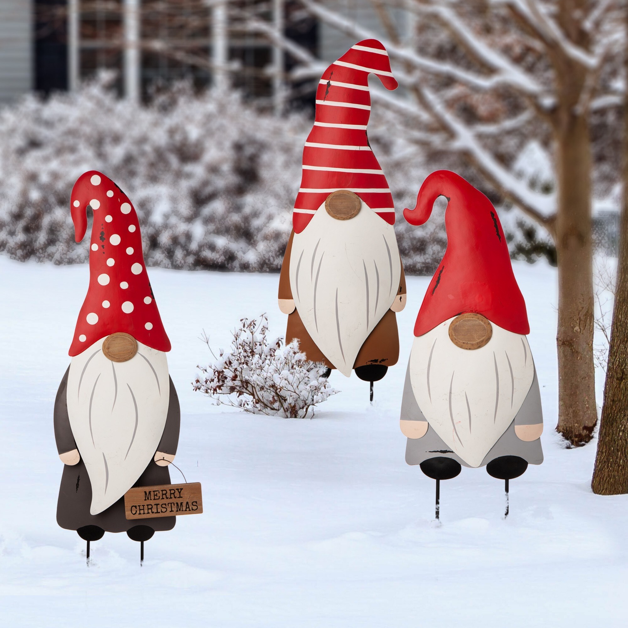 Shop Glitzhome 36 H Set Of 3 Christmas Gnome Metal Wall Decor Or Yard Stake Overstock 31757974