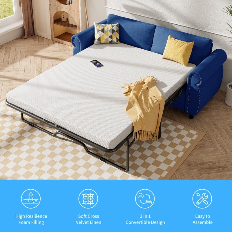 Mixoy Full/Queen Size Pull Out 2 in 1 Sleeper Sofa Bed with Mattress,Convertible Upholstered Loveseat with Nailhead
