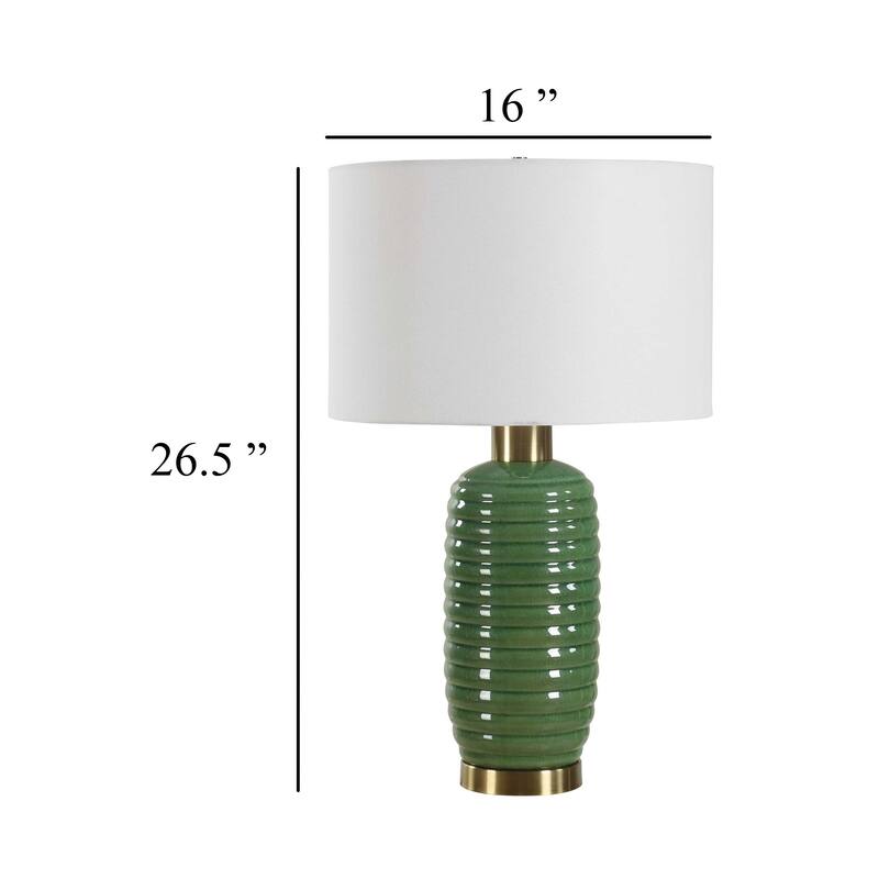 Table Lamp, Off White Linen Shade, 27 Inch Olive Green Ribbed Ceramic