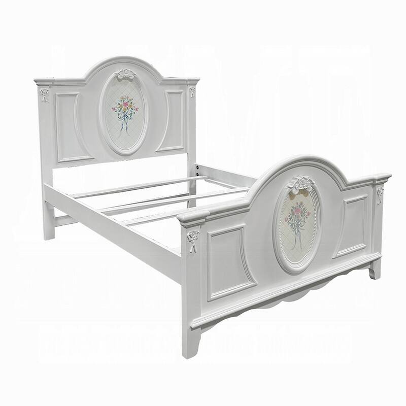 Auri Twin Size Bed, Floral Motifs Arched Headboard, Classic White Wood