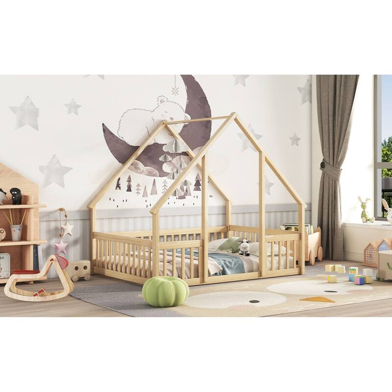 Roomfitters Twin/Full Wood House-Shaped Floor Bed with Fence and Guardrails, Low Profile Platform Bed, No Box Spring Needed