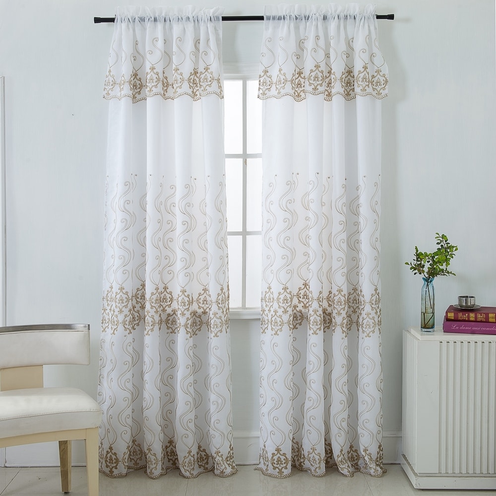 Porch & Den Easterday Damask Embroidered Rod Pocket Single Curtain Panel - 54 x 90 in.