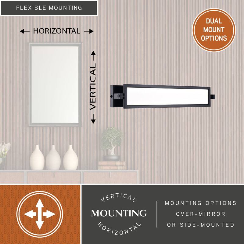 Fremont 1-Light 27 inch Wide Matte Black Bathroom Vanity Lighting Fixture, Adjustable Angle Frosted Shade, LED, Full Backplate