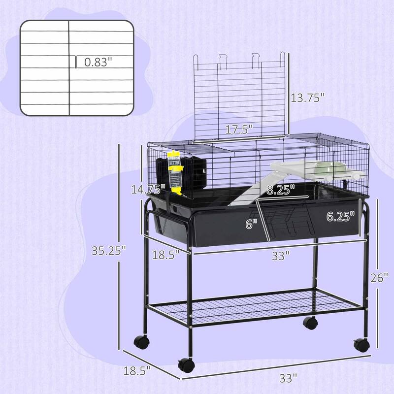 Small Animal Playpen Cage with Stand, Wheels & Storage Shelf - 33" L x 18.5" W x 35.25" H