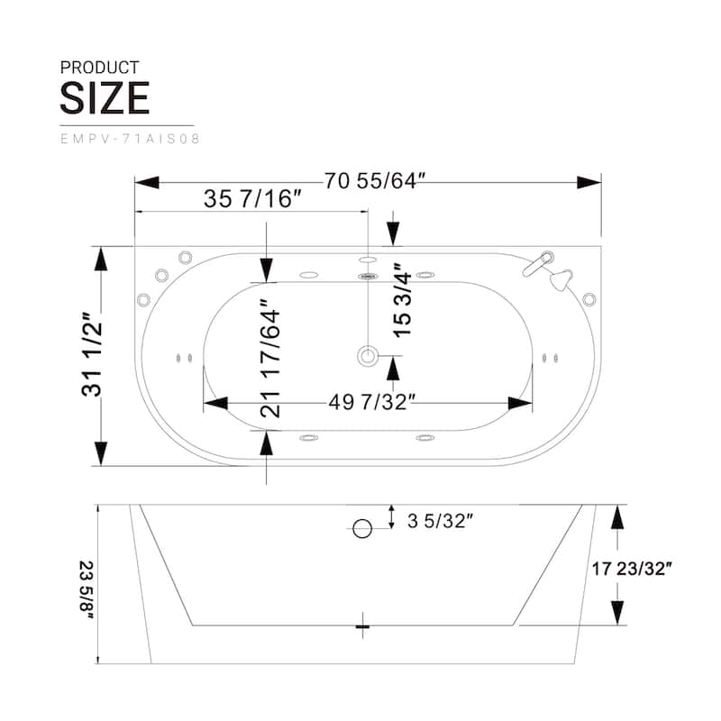 71" X 32" Center Drain Freestanding Whirlpool Bathtub With Faucet