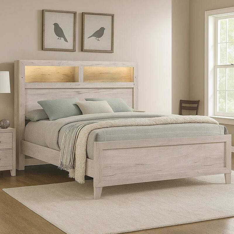 Miot King Size Bed w Headboard Shelves, Weathered White Wash Tone
