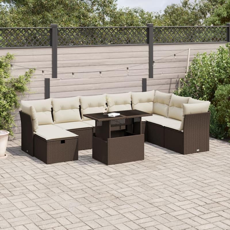 9 Piece Garden Sofa Set with Cushions - Brown and cream - 21.7 x 39.4 x 27.2 in