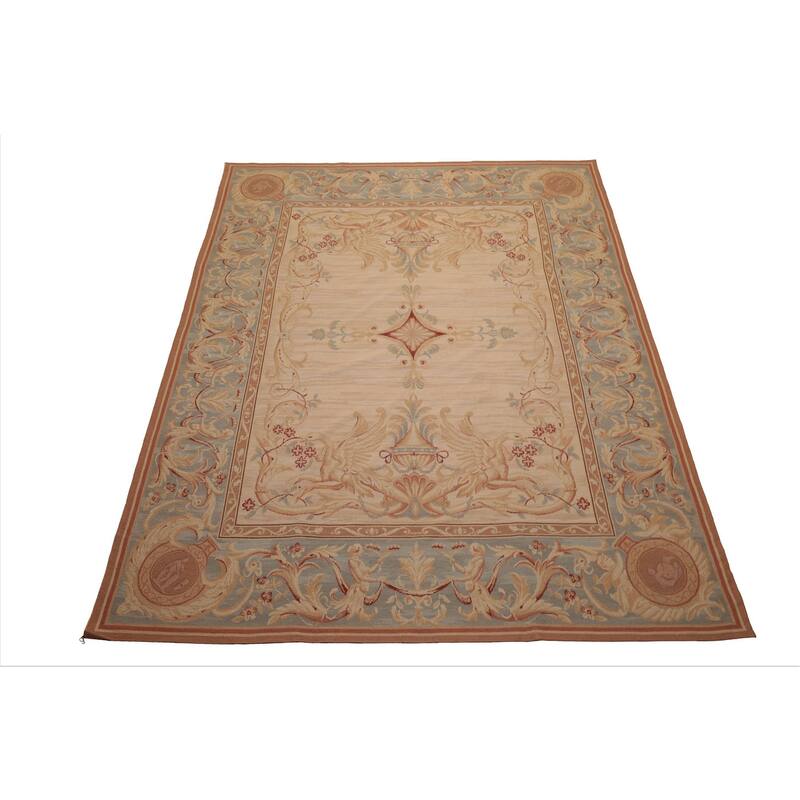 7'6''x9'6'' Hand Woven Wool Beige French Aubusson Needlepoint Area Rug - 7' 6'' x 9' 6''