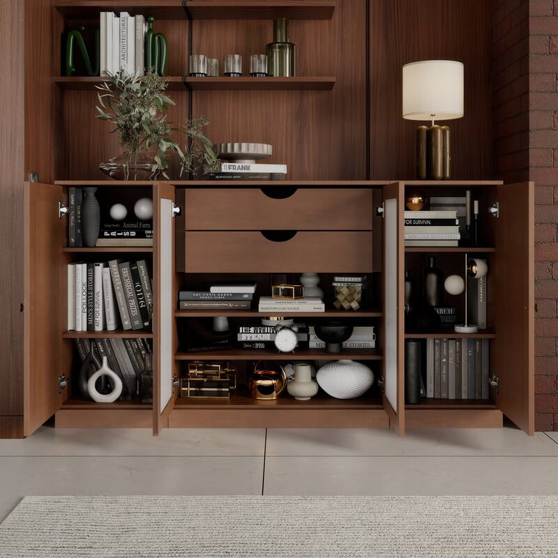 Palace Imports 100% Solid Wood 65" Sideboard with Solid, Frosted Glass Doors, 2-Drawers and Adjustable Shelves - Mocha